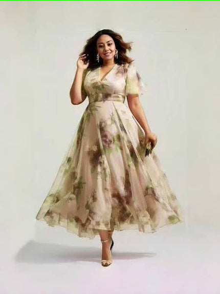 Tan floral V-neck midi A-line dress with gathered waist and short sleeves