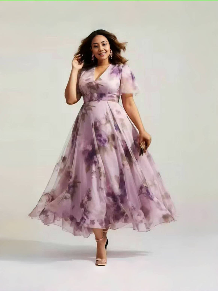 V-neck midi A-line floral dress, purple with soft floral watercolor print