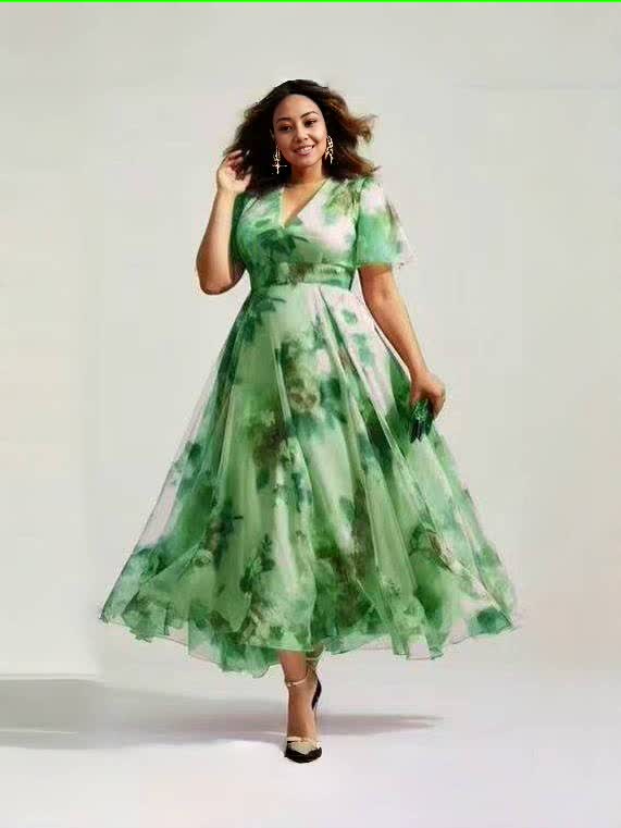 V-neck midi A-line floral dress, green with watercolor floral print