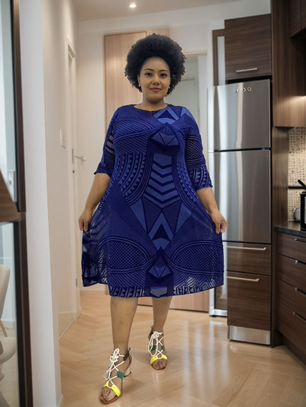 Blue geometric print midi dress, loose fit, 3/4 sleeves with wide neckline