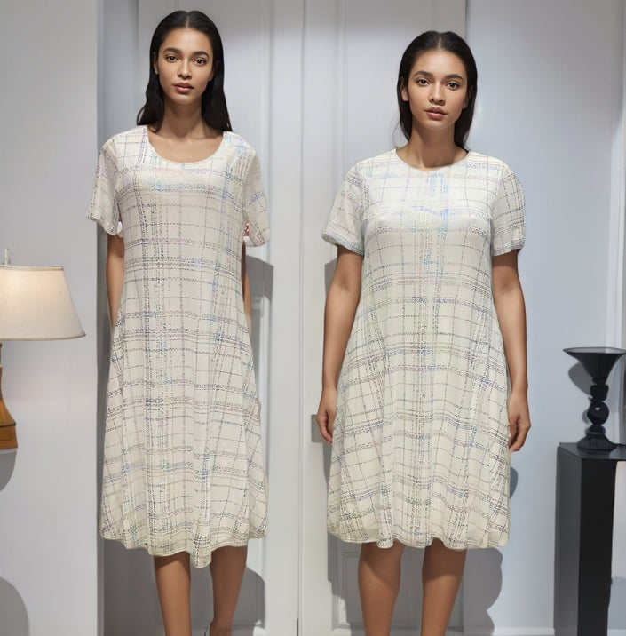 Grid print knee-length dress with short sleeves, scoop neckline, light cream and pastel lines