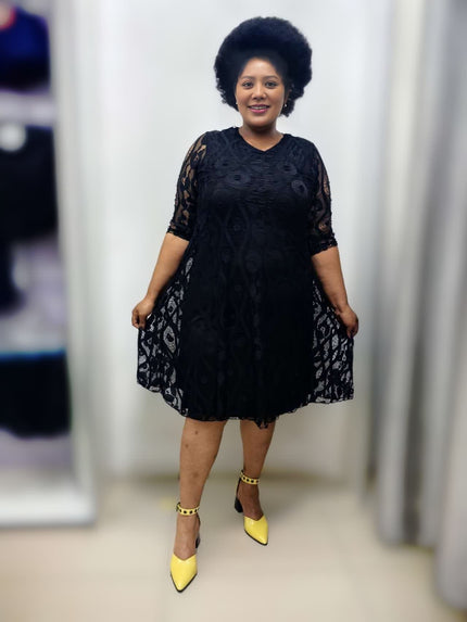 Plus size lace A-line dress with half sleeves, dark navy