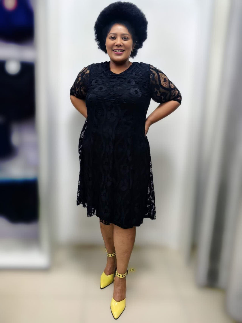 Half Sleeve Intricate Lace Overlay A-Line Dress