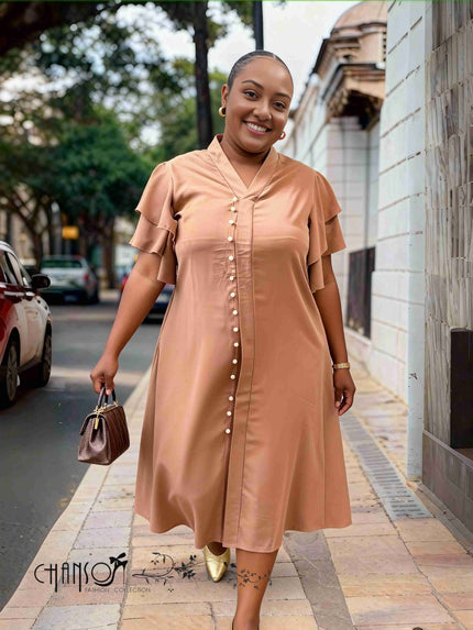 Plus size ruffle sleeve dress in peach with center button front detail