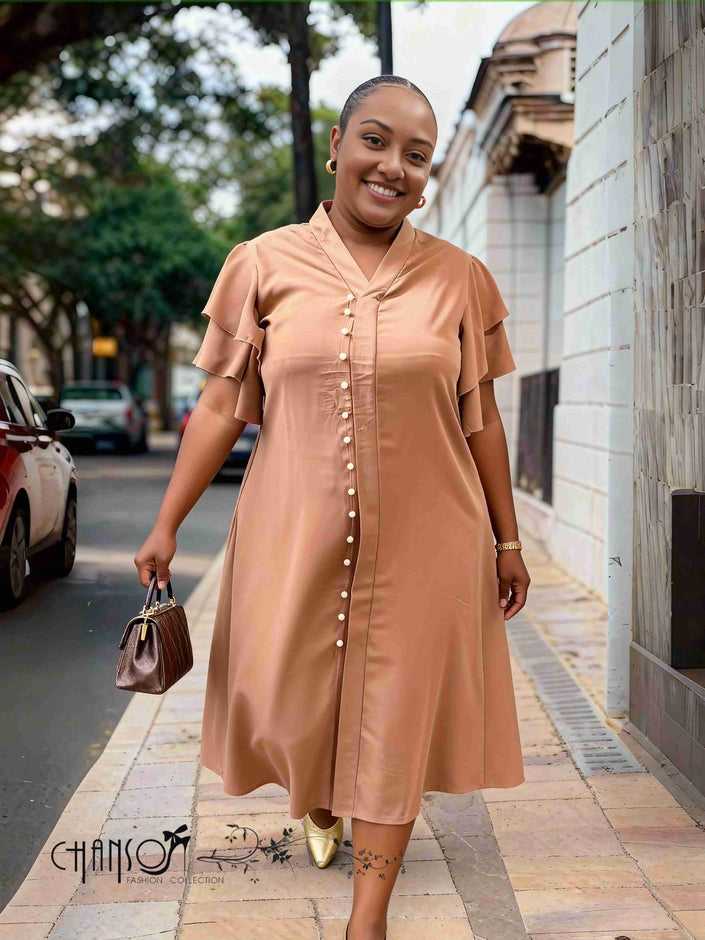 Plus size ruffle sleeve dress in peach with center button front detail