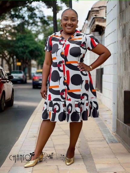 Shirt Dress Circle Print Ruffled Chic Casual