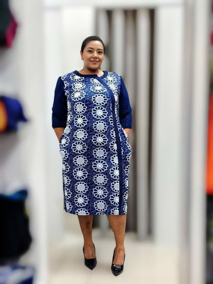 Floral midi dress, navy-blue with white lace-style circle prints, 3/4 sleeves