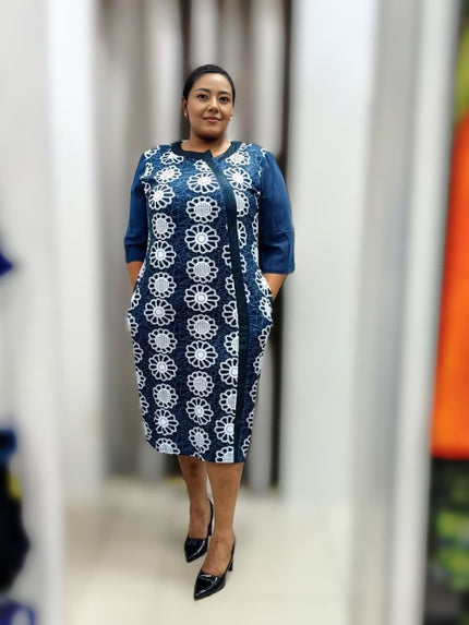 Floral midi dress, deep-sky-blue with white circle prints, 3/4 sleeves, round neck