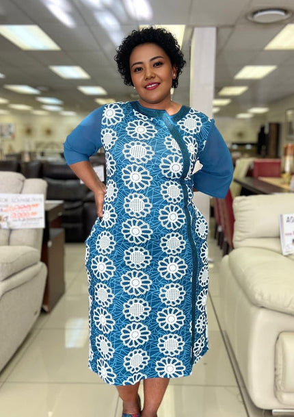 Floral midi dress, blue with white circular floral print, 3/4 sleeves, shift style