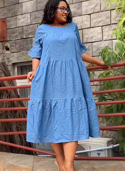 Blue tiered midi dress with ruffle sleeves, relaxed fit and square neckline