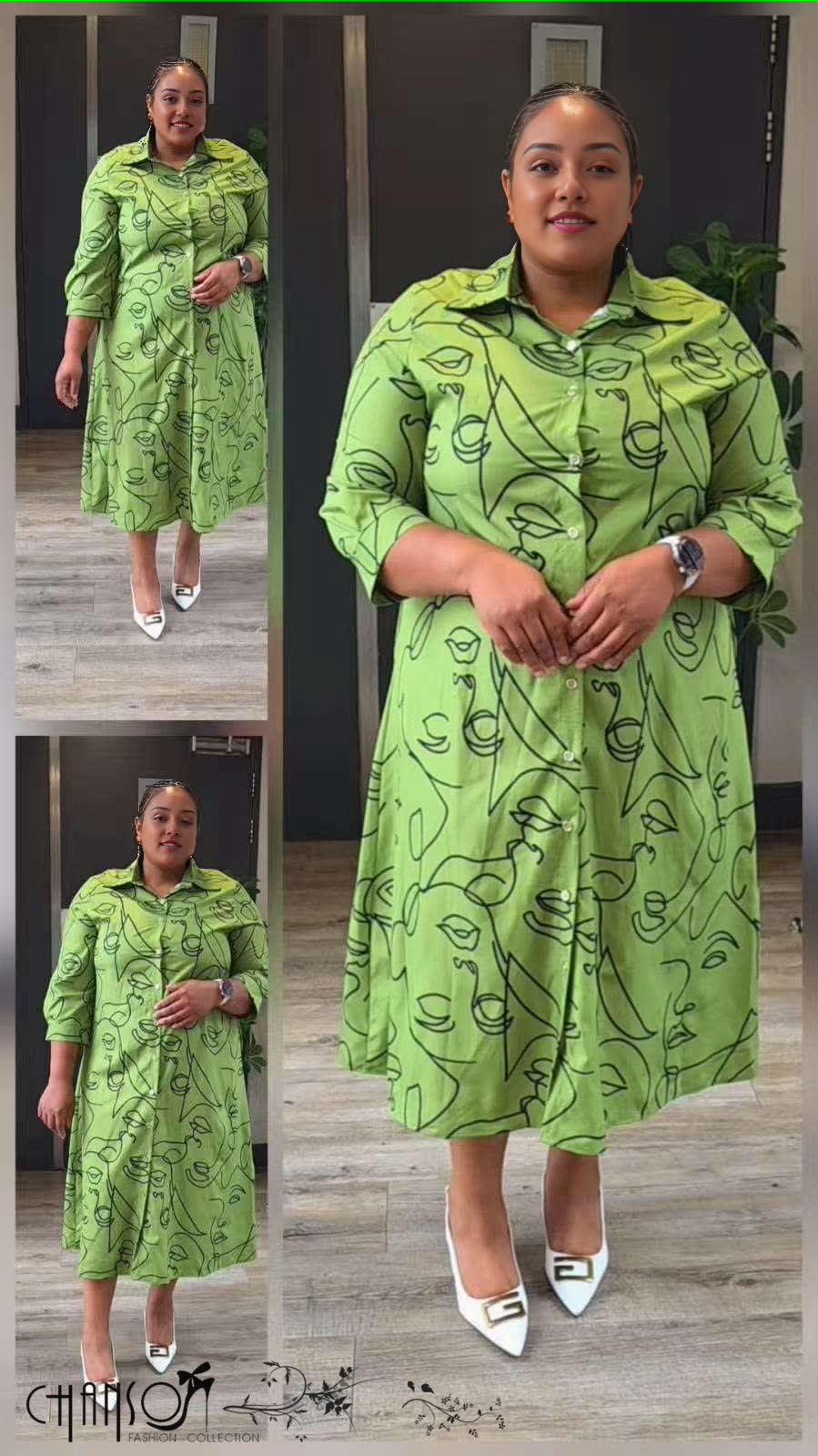 Green midi shirt dress with collar, button front, and abstract face print