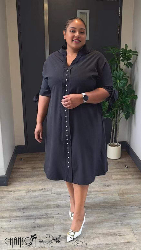 Black midi shirt dress with bow sleeves and front buttons