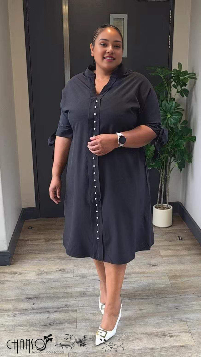Black midi dress with button front and bow-tied sleeves, plus-size fit