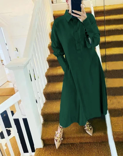 Dark green collared midi shirt dress, long sleeves, button front