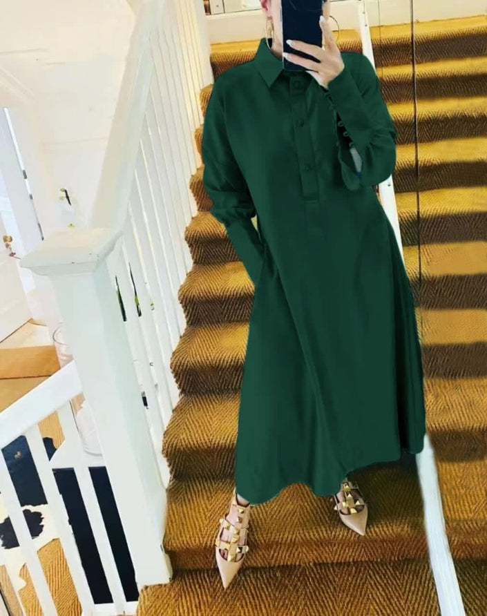 Dark green collared midi shirt dress, long sleeves, button front