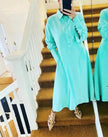 Cyan collared midi shirt dress with long sleeves and button front