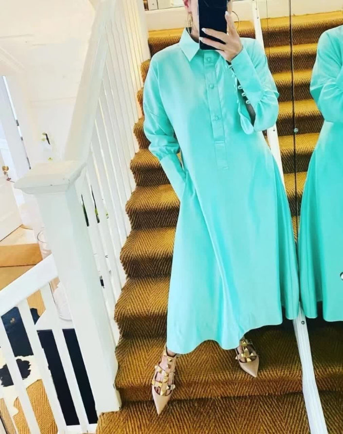 Cyan collared midi shirt dress with long sleeves and button front