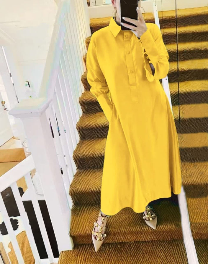 Yellow collared midi shirt dress with long sleeves and button front