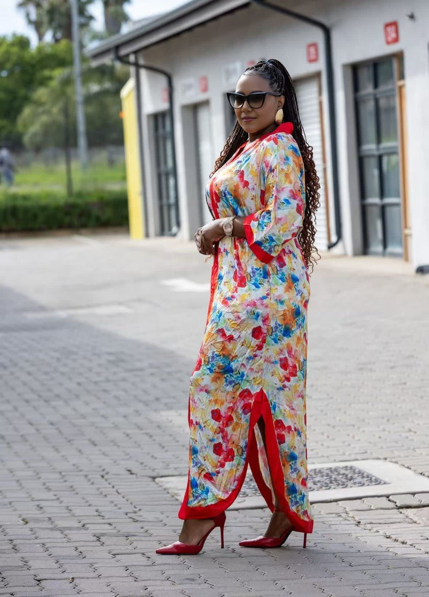 Women's Floral Print Long Dress with Red Trim, V-neck, Long Sleeves, Side Slit