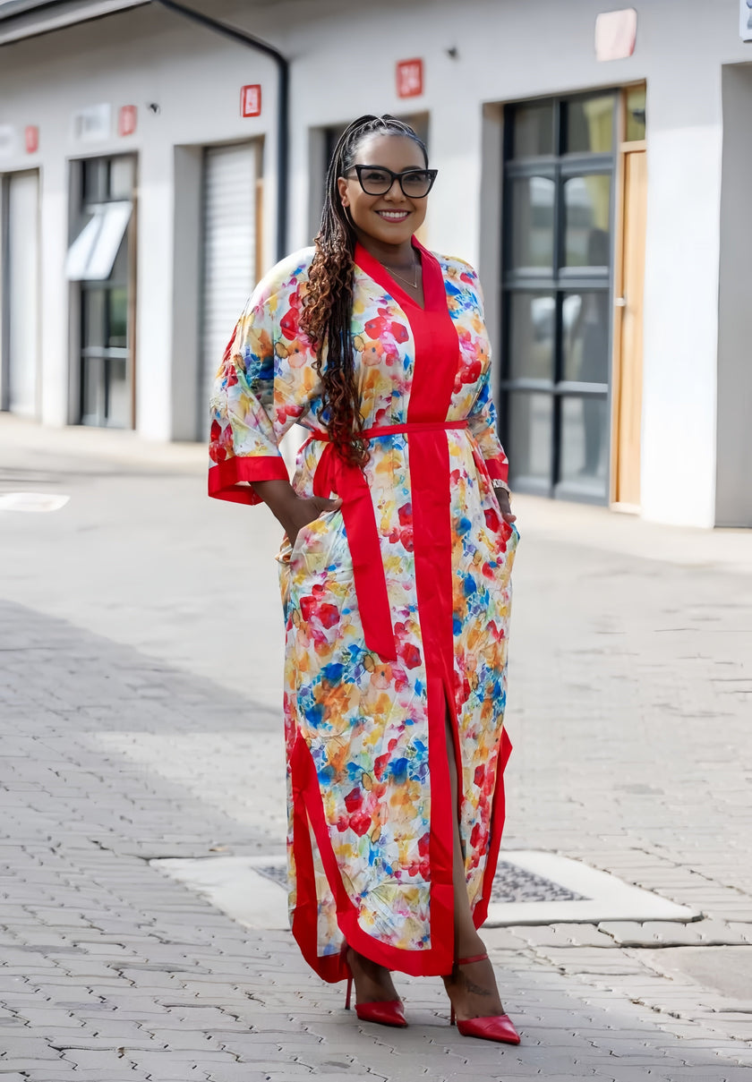 Women's Floral Print Long Dress with Red Trim, V-neck, Long Sleeves, Side Slit