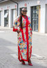 Women's Floral Print Long Dress with Red Trim, V-neck, Long Sleeves, Side Slit