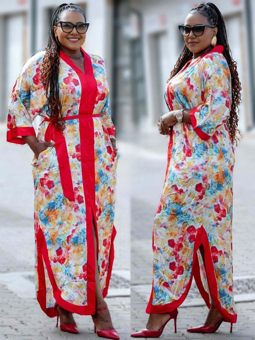 Women's Floral Print Long Dress with Red Trim, V-neck, Long Sleeves, Side Slit