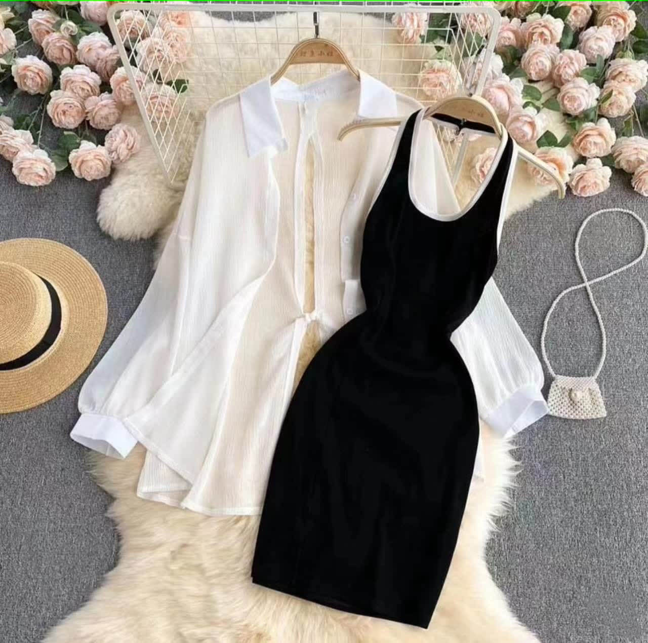Twin set bodycon dress with white blouse, black fitted skirt underlay
