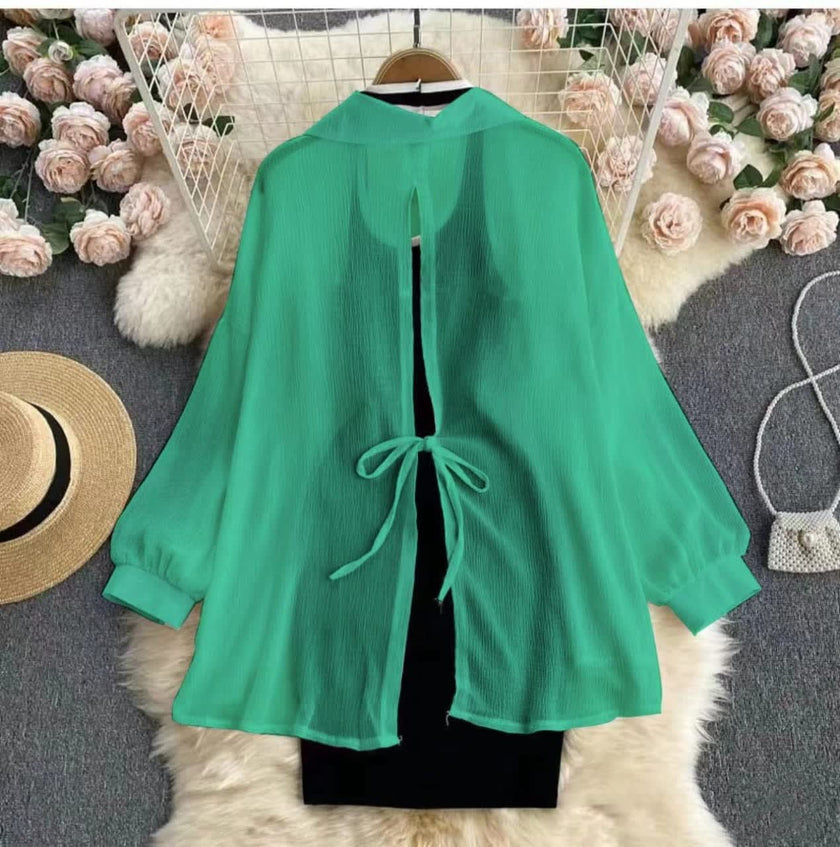 Twin set bodycon dress with green blouse, black fitted skirt underlay