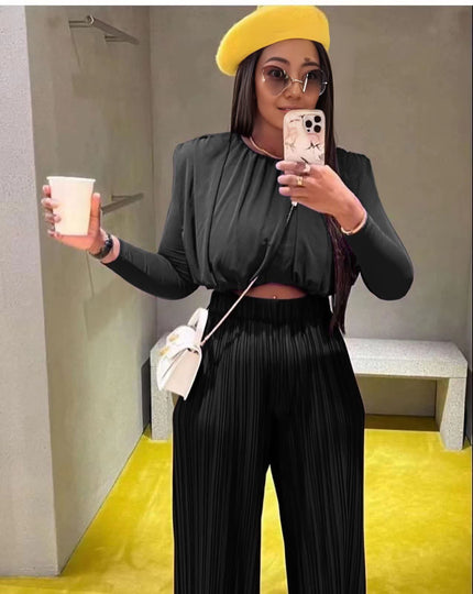 Black draped blouse and pleated trousers set, elastic waist