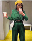Dark green draped blouse and pleated trousers set, elastic waist