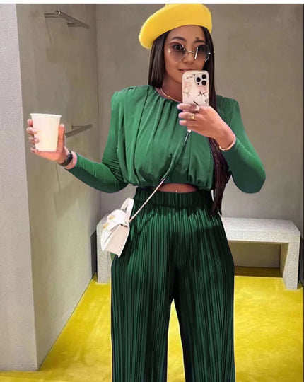 Dark green draped blouse and pleated trousers set, elastic waist