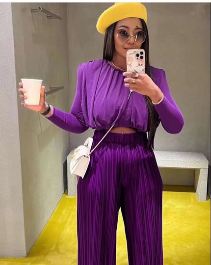Purple draped blouse and pleated trousers set, elastic waist