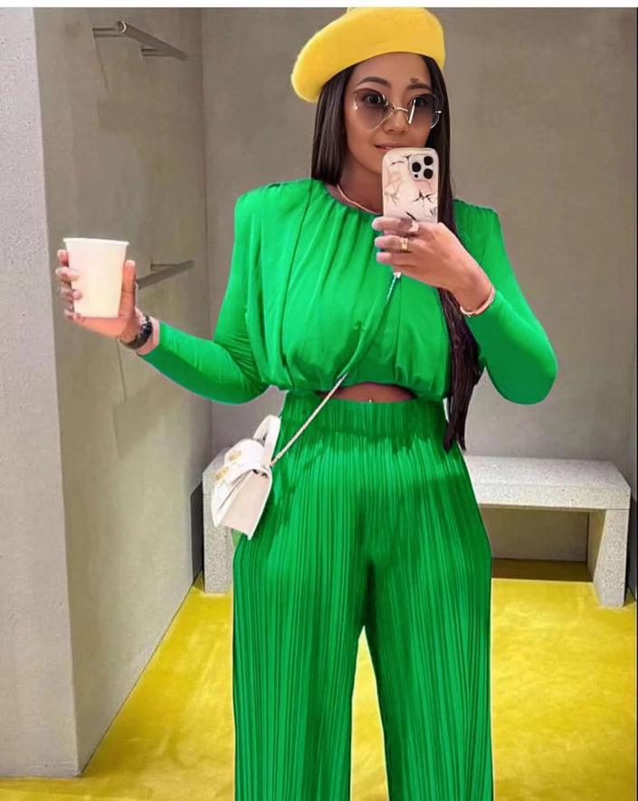 Green draped blouse and pleated trousers set, elastic waist