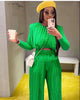 Green draped blouse and pleated trousers set, elastic waist