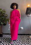 Hot pink sleeveless cross-neck jumpsuit with draped ruffle neckline and wide legs