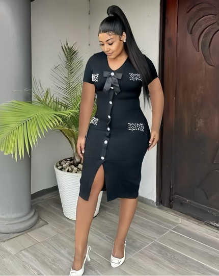 Black knit bow button midi dress with bow at neckline and side slit