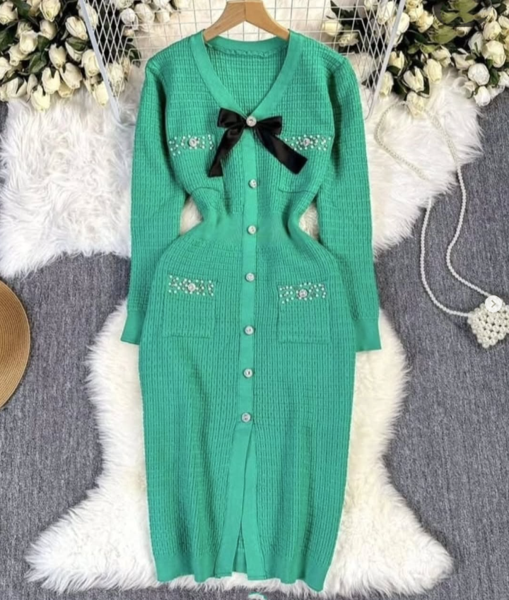 Knitted Dress with Bow Decoration and Button Design