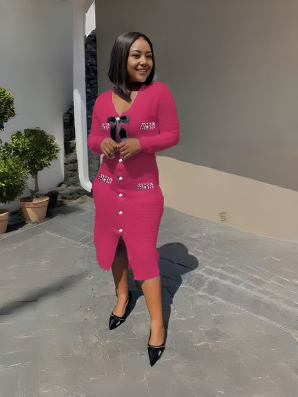 Deep-pink knit bow button midi dress with long sleeves and front button details