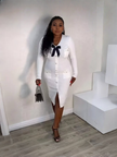 Dress Knit Bow Button Chic Casual Outfit