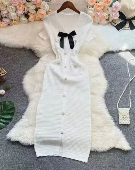 Knitted Dress with Bow Decoration and Button Design