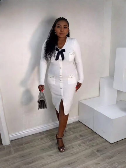 White knit bow button midi dress with long sleeves and front button placket