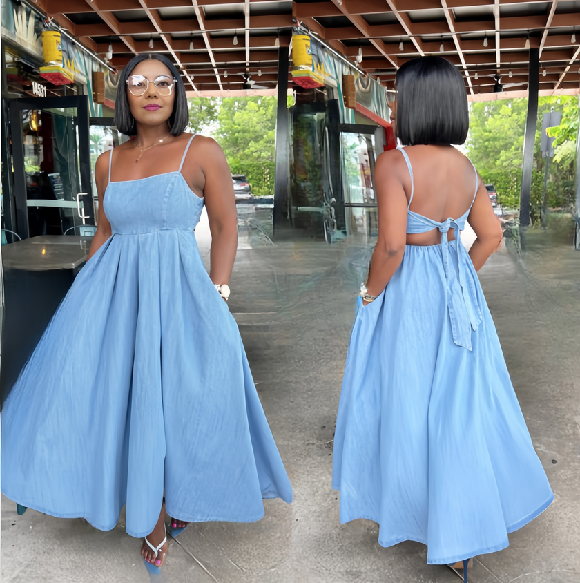 Women's Sleeveless Backless Tie-Back Maxi Dress with Pockets