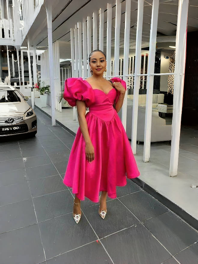 Puff sleeve midi dress in deep pink with square neckline and gathered waist