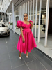Puff sleeve midi dress in deep pink with square neckline and gathered waist