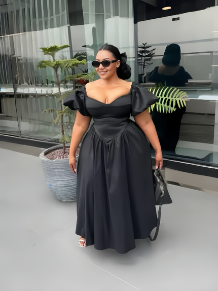 Puff sleeve midi dress in black satin with square neckline and full skirt