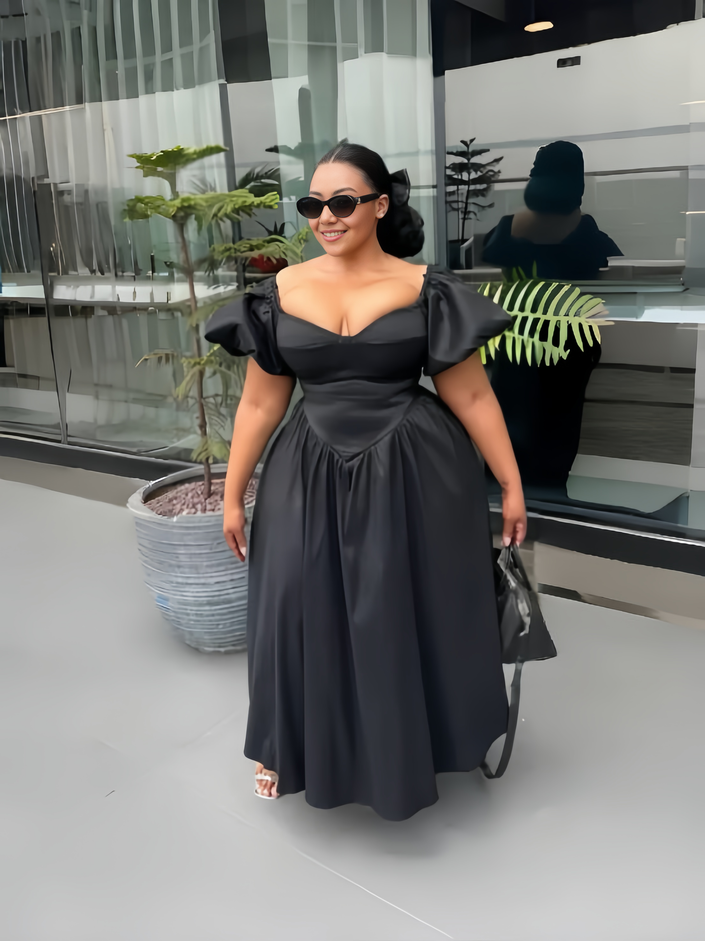 Puff sleeve midi dress in black satin with square neckline and full skirt