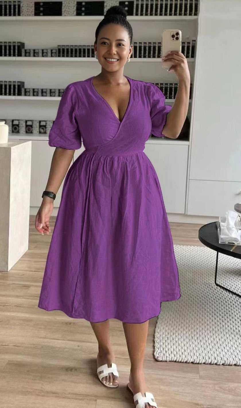 Purple wrap midi dress with puff sleeves and stretch waist
