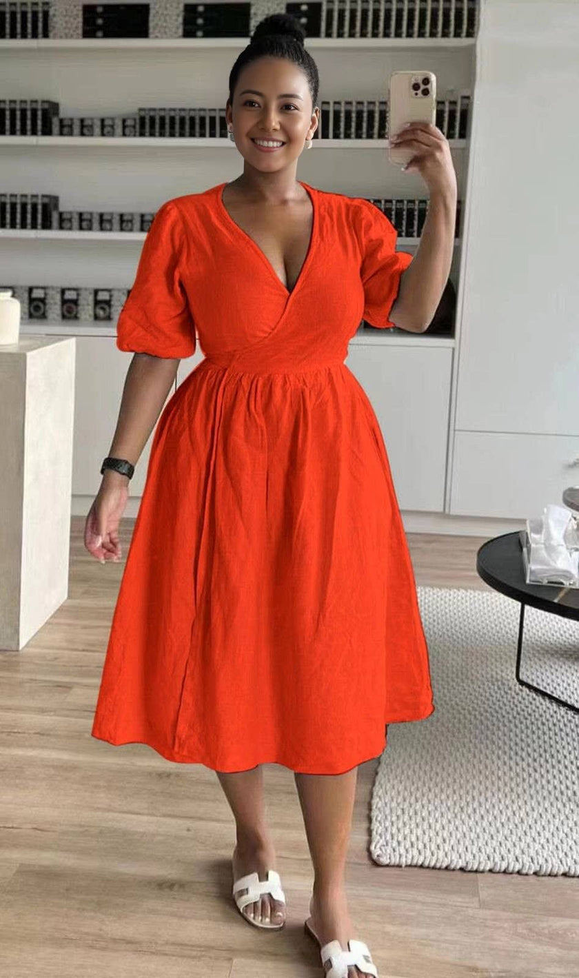 Wrap Dress, V-neck Puff Sleeve Design, Waist Tightening, Loose Skirt