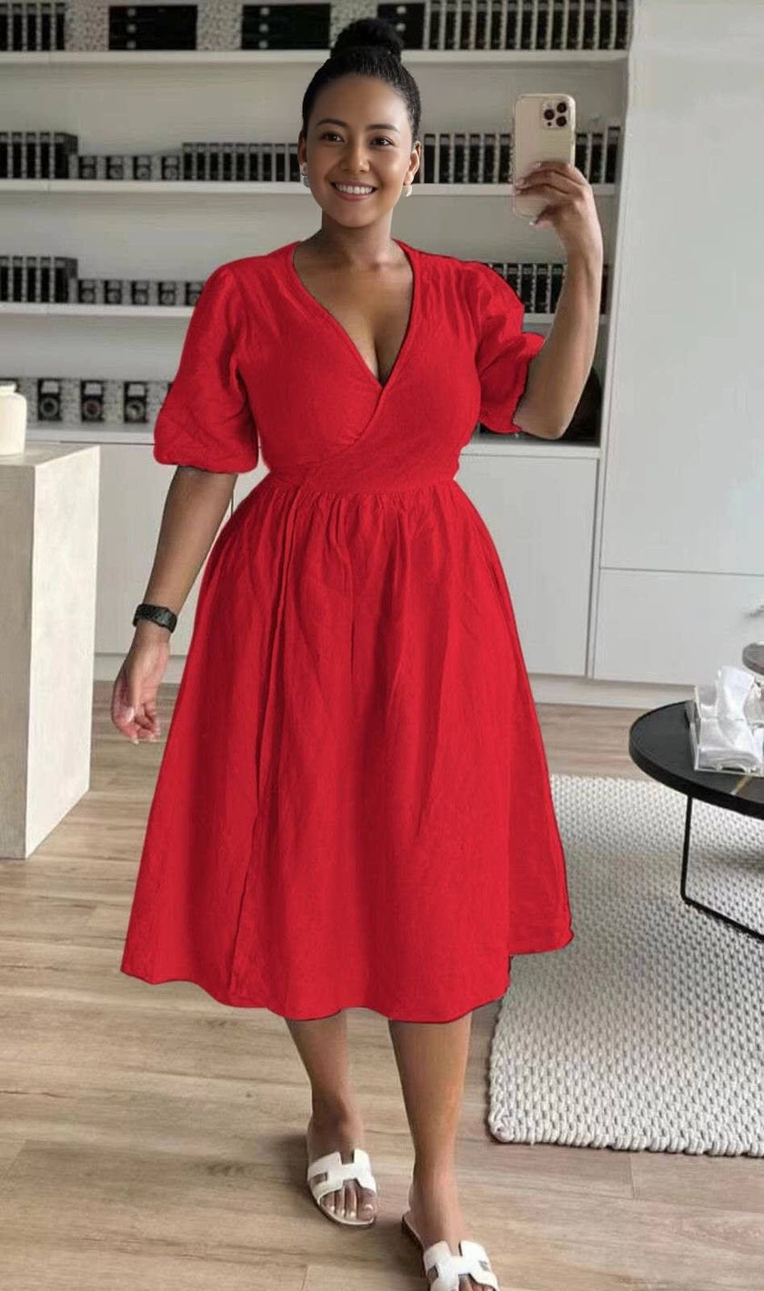 Wrap Dress, V-neck Puff Sleeve Design, Waist Tightening, Loose Skirt