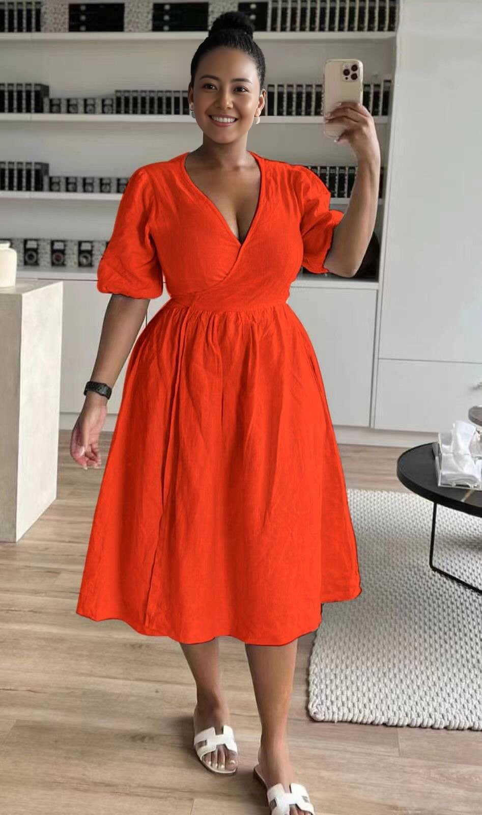 Wrap Midi Dress Puff Sleeve Stretch Waist